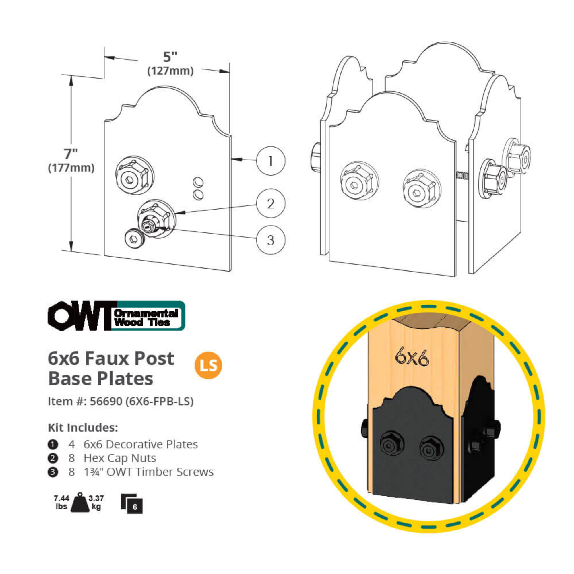 OZCO OWT 6x6 faux post base plates dimensions and installation reference diagram