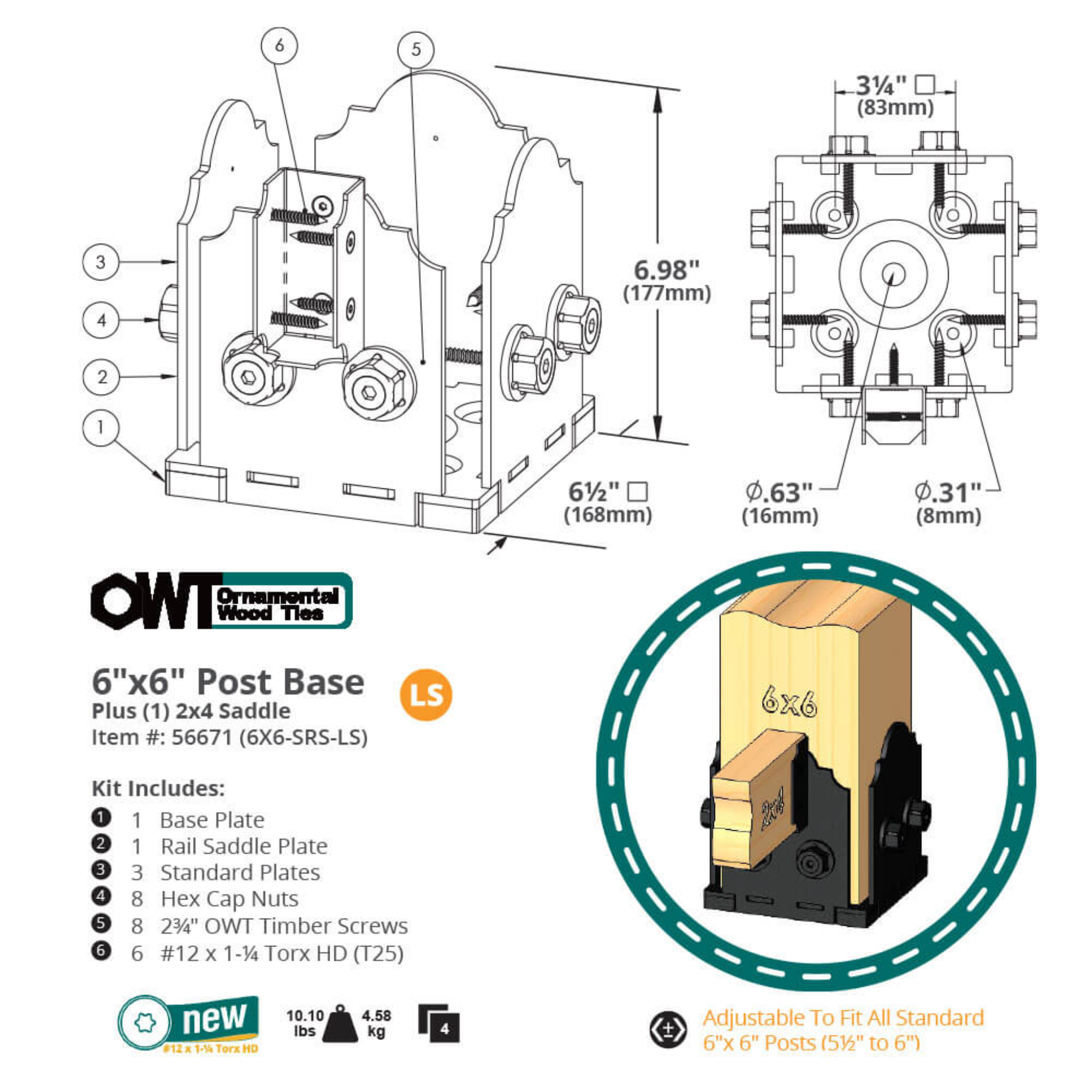 Technical diagram of the OZCO 6x6 Post Base Single Rail Saddle with measurements, hardware list, and installation callouts.