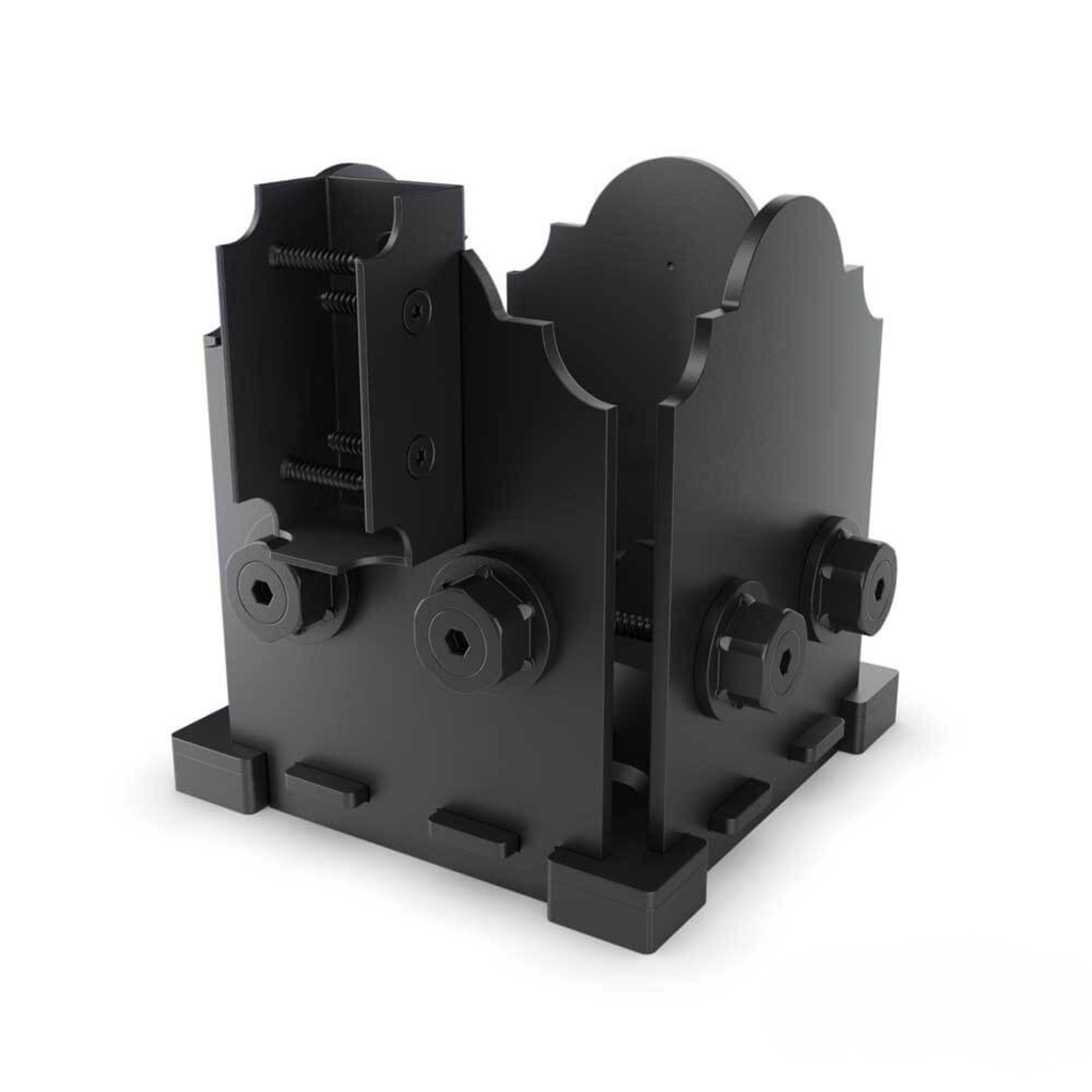 Black metal 6x6 post base single rail saddle from OZCO’s Laredo Sunset line, shown in a 3D product render with decorative accents and bolt openings.