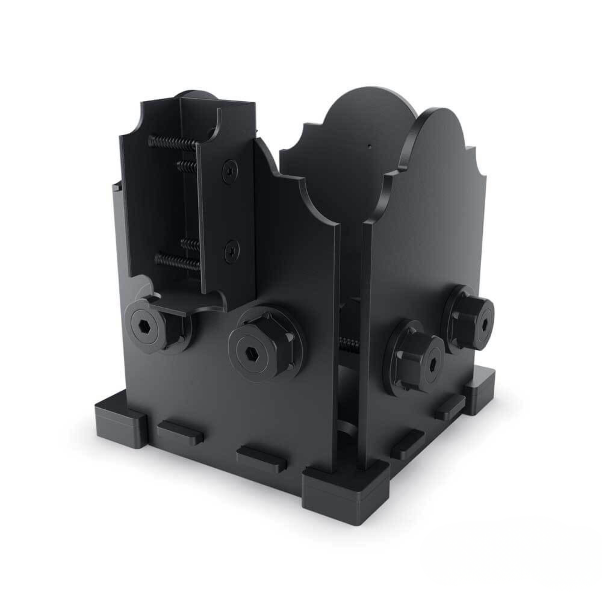 Black metal 6x6 post base single rail saddle from OZCO’s Laredo Sunset line, shown in a 3D product render with decorative accents and bolt openings.