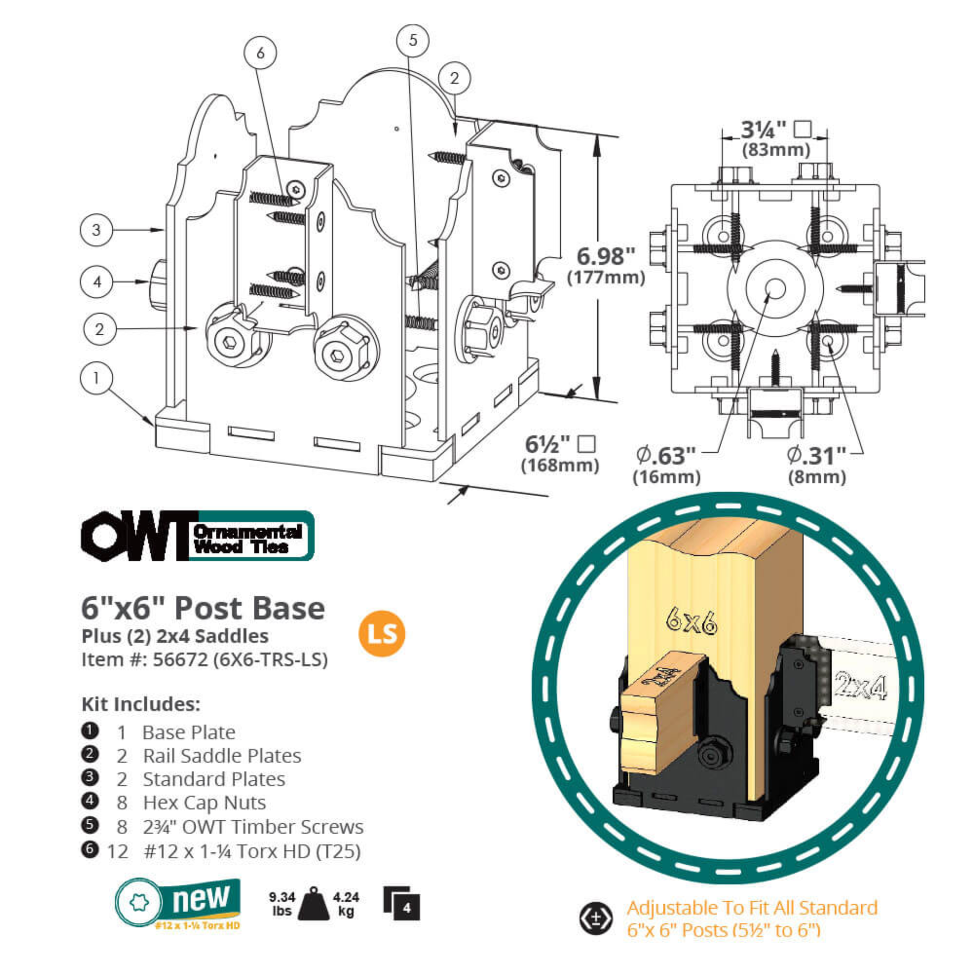 Technical diagram showing dimensions and mounting details of OZCO OWT 6×6 twin rail saddle