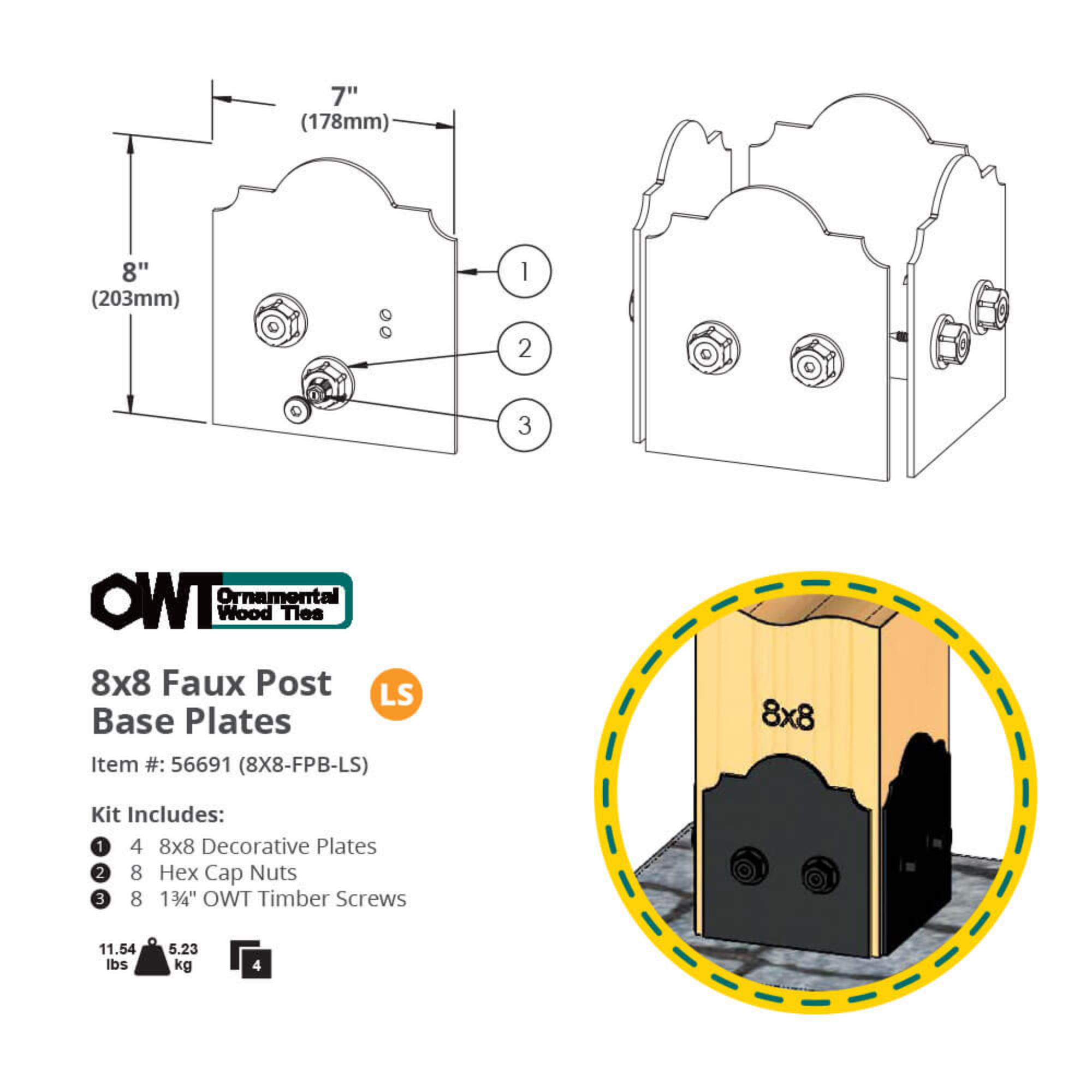 OZCO OWT 8x8 faux post base plates dimensions and installation reference diagram