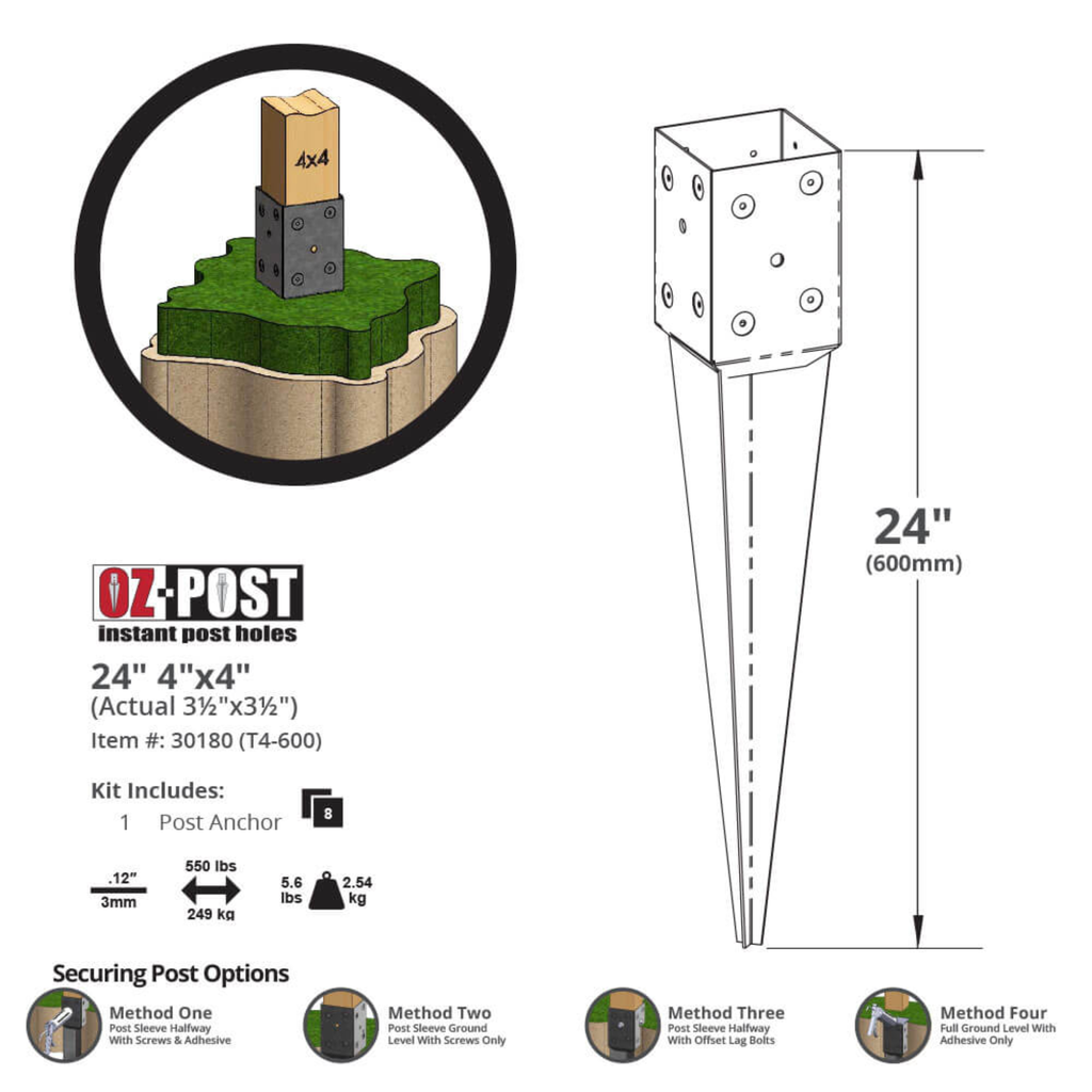 OZ-POST instant post hole kit with dimensions and features on a white background