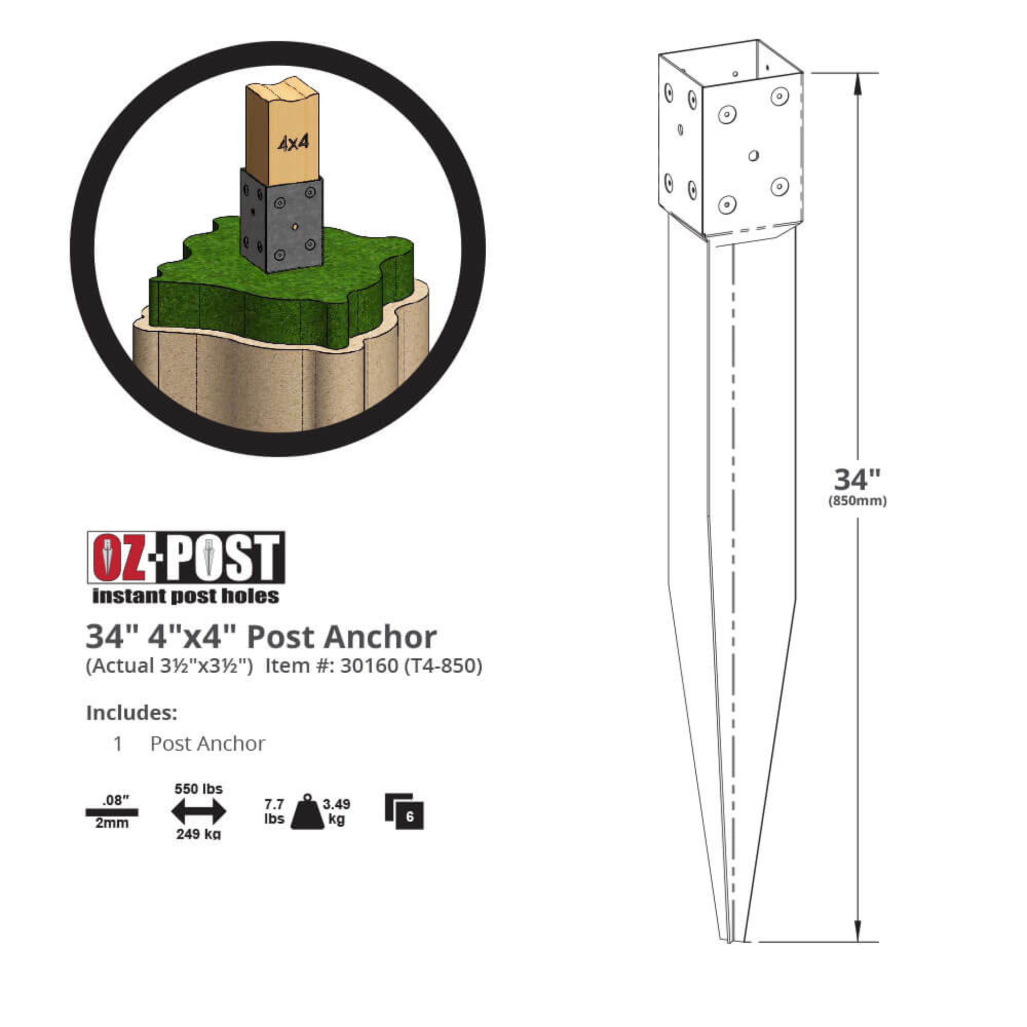 OZ-POST instant post hole anchor with dimensions and features on a white background