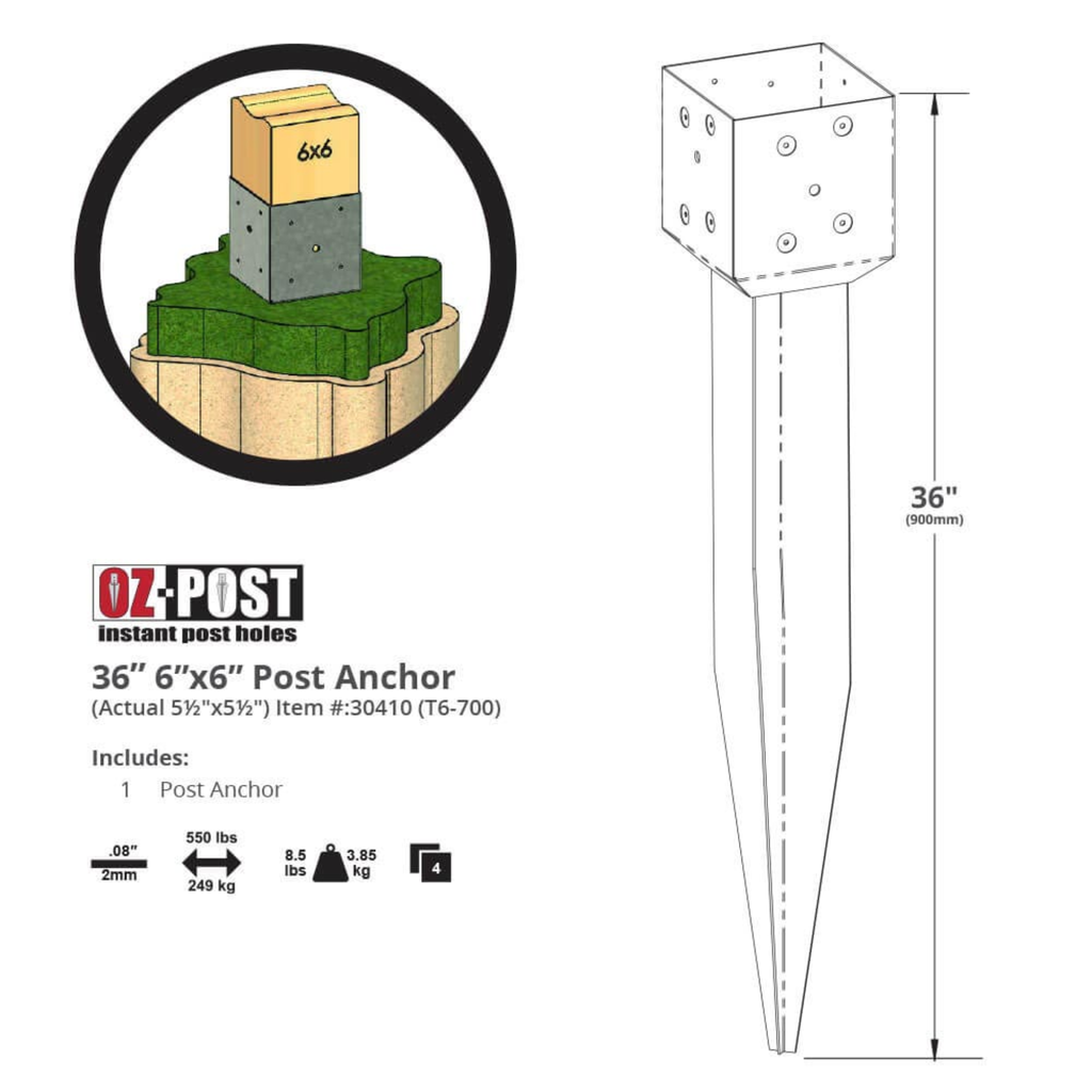 OZ-POST instant post hole anchor with dimensions and features on a white background