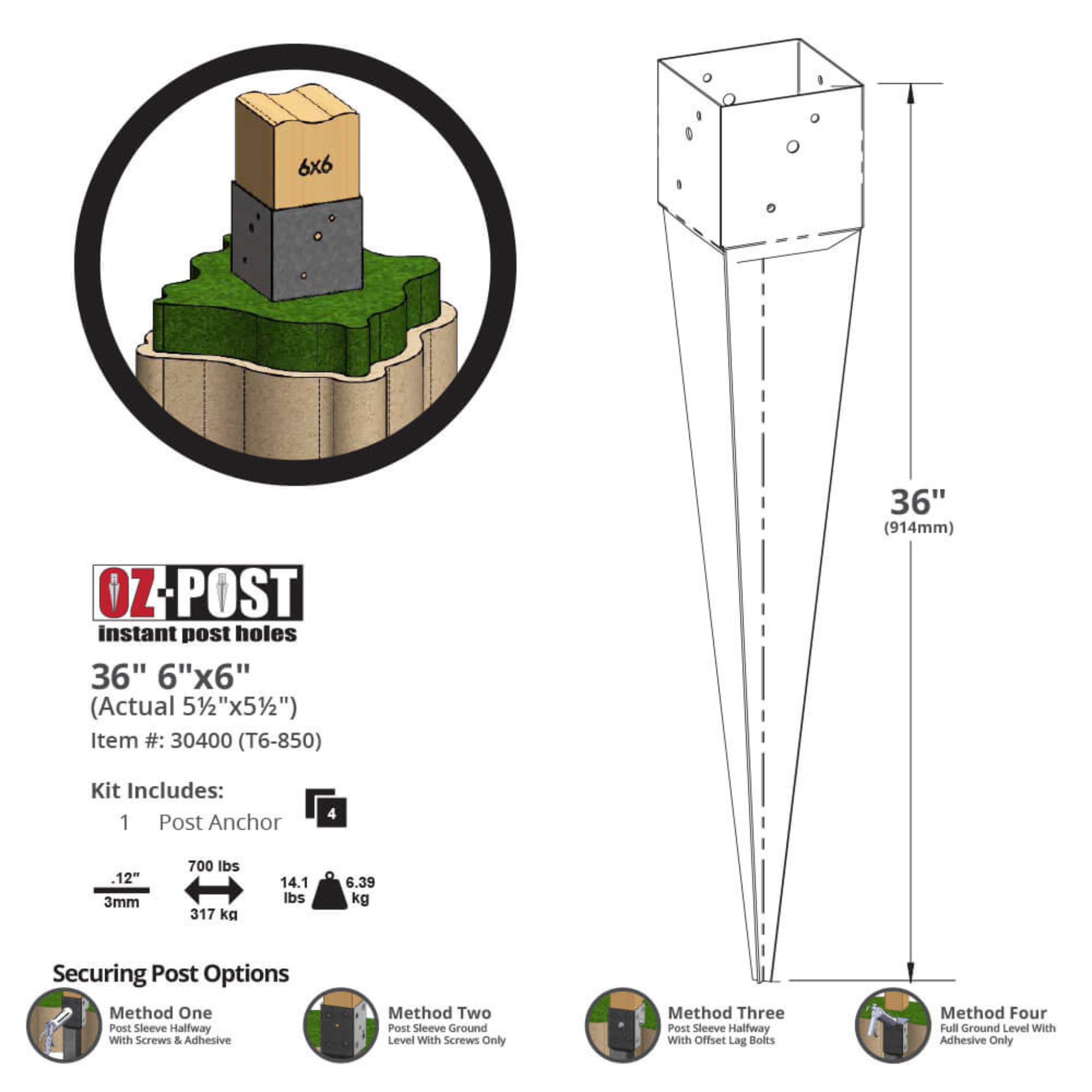 OZ-POST instant post hole kit with dimensions and features on a white background