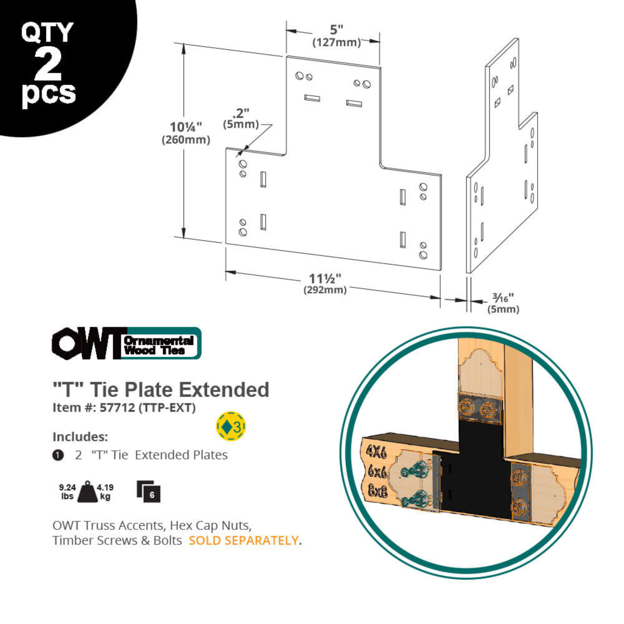 OZCO T Tie Plate Extended with dimensions and mounting hole layout diagram