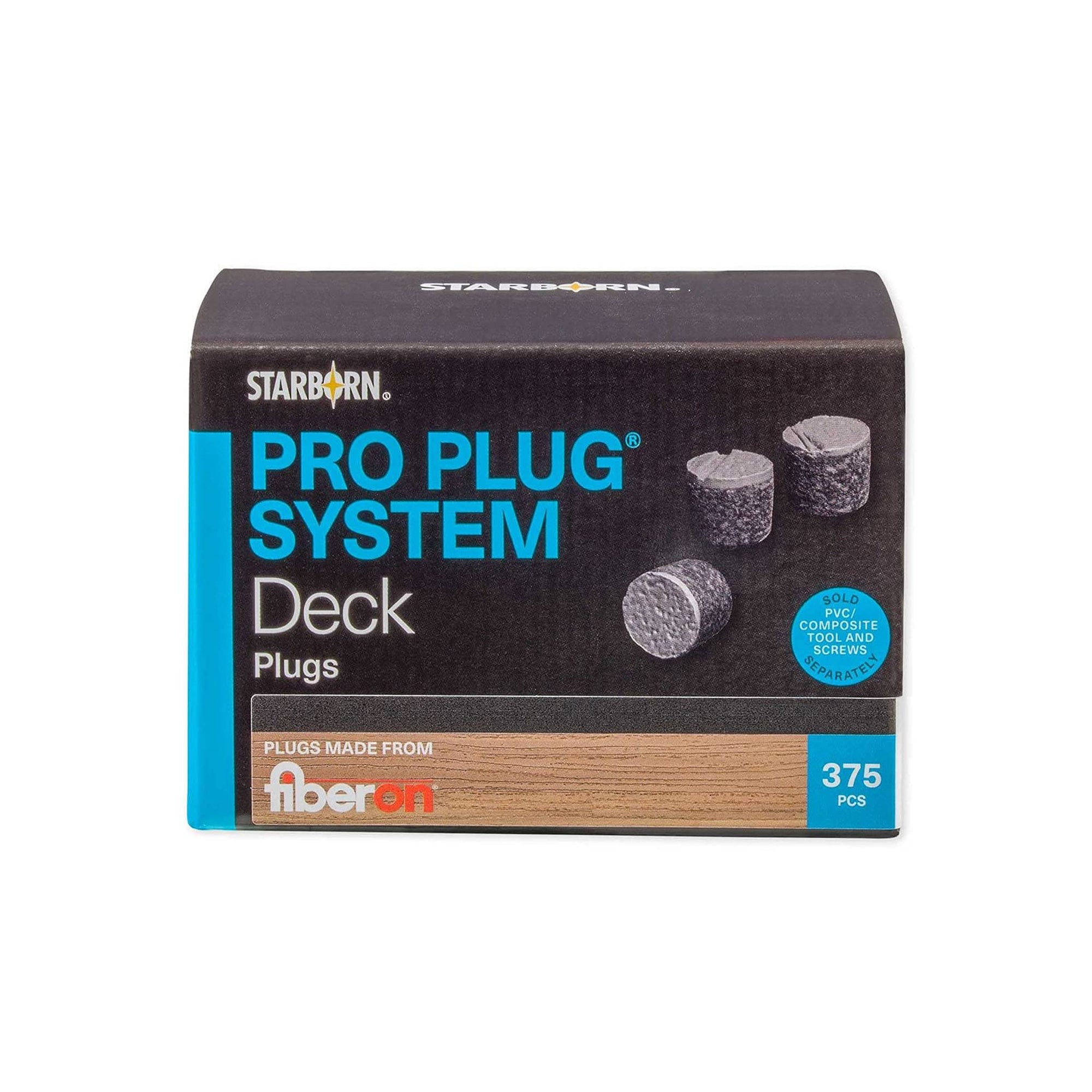 Starborn Pro Plug® System for Fiberon Decking: A 375-piece pack of authentic Fiberon composite plugs (color matches specific Fiberon lines) for the face-fastened plugging method. Note: Tool and screws are sold separately.