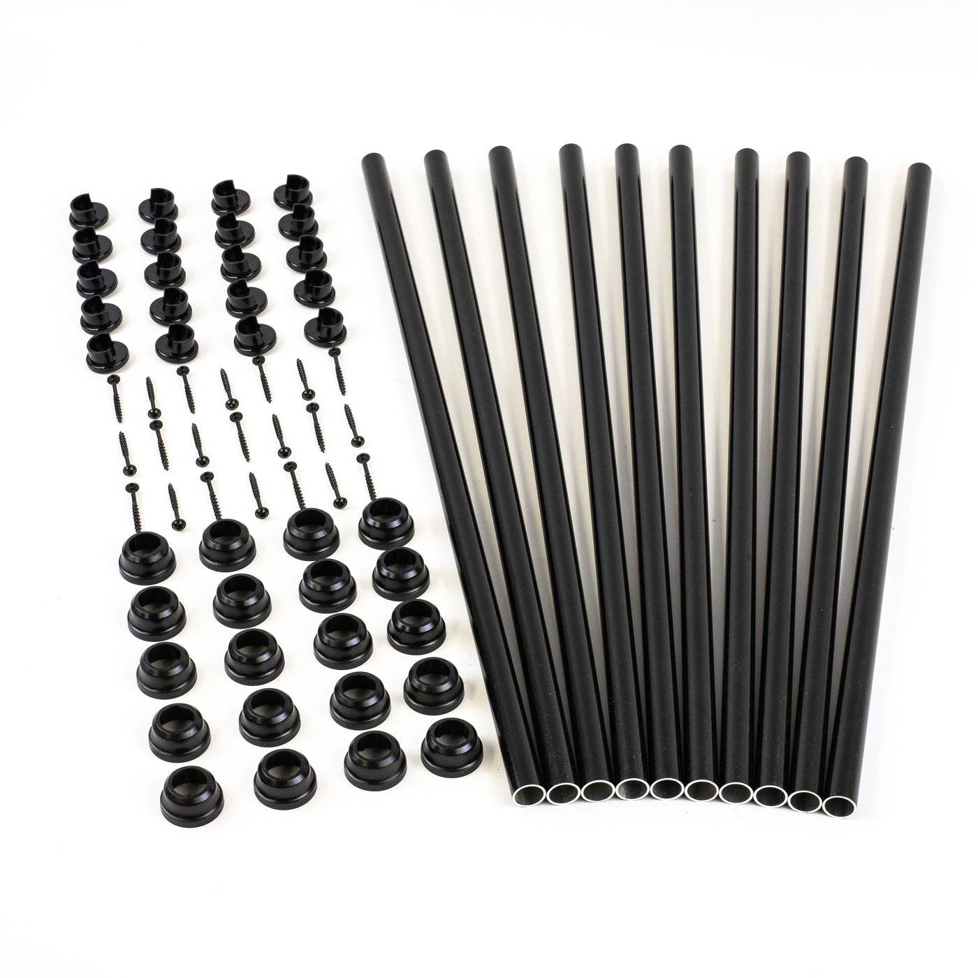 TITAN Snap 'n Lock black round 
aluminum baluster kit parts including balusters, connectors, and installation screws.
