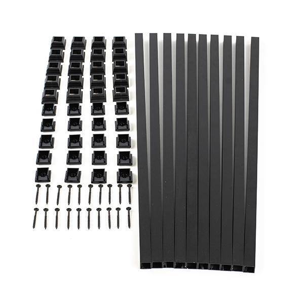 TITAN Snap 'n Lock black round aluminum baluster kit parts including balusters, connectors, and installation screws.
