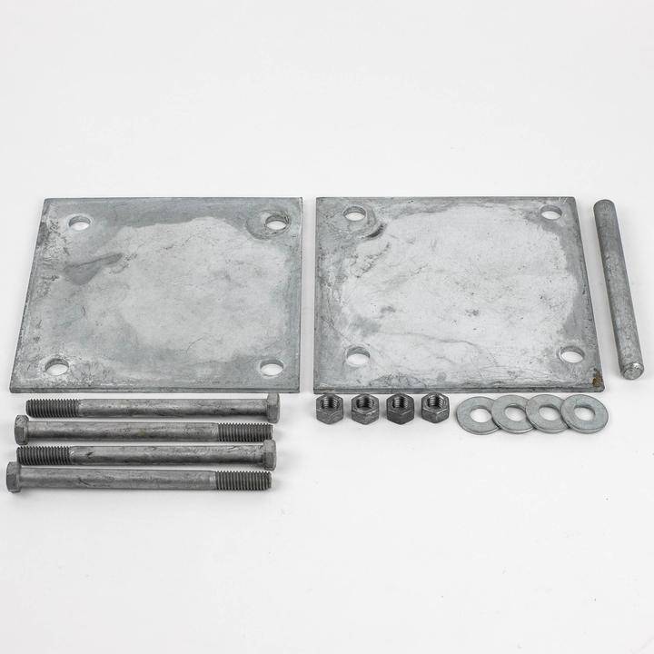 TITAN Structural Post Anchor Wood Install Kit components including two square steel plates, four bolts, nuts, washers, and a pin on a white background.