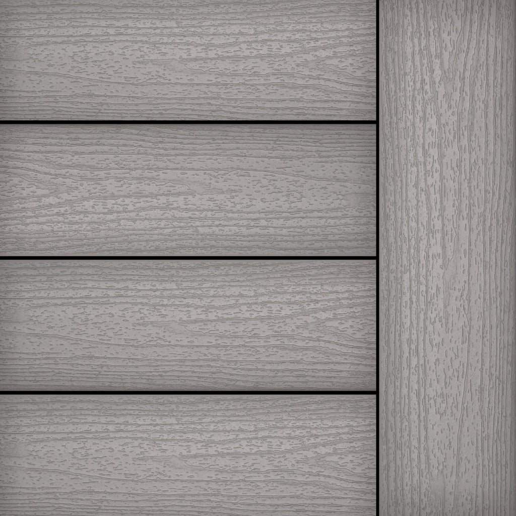 Trex Enhance Basics Pebble Beach composite decking with a uniform light grey wood grain finish.