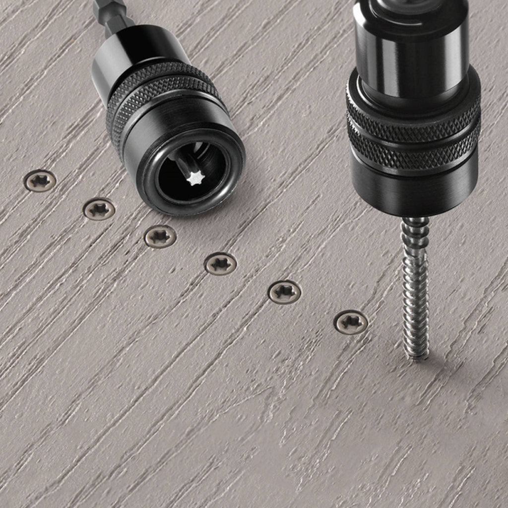 Starborn Smart-Bit Depth Setter shown with Cap-Tor xd Epoxy deck screws, demonstrating perfect depth control for composite decking fasteners.
