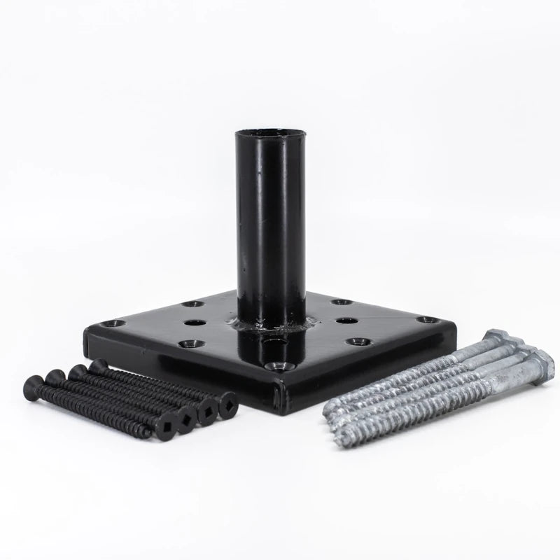 TITAN Wood Post Anchor Kit with black powder coat over hot zinc finish, including base plates and matching fasteners on a white background