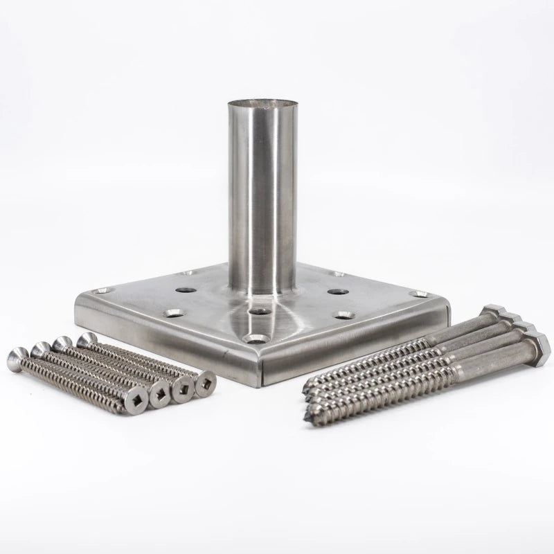 TITAN Wood Post Anchor Kit made of stainless steel, featuring a square base plate, central sleeve, and matching fasteners on a white background
