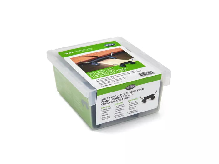 Trex Hideaway Butt Joint Clip 14-pack box with clips, stainless steel screws, and driver bit