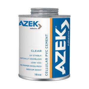 AZEK PVC Adhesive – Clear cellular PVC cement in a 16 oz container, featuring UV stability, low VOC, virtually odorless formula, and no primer required