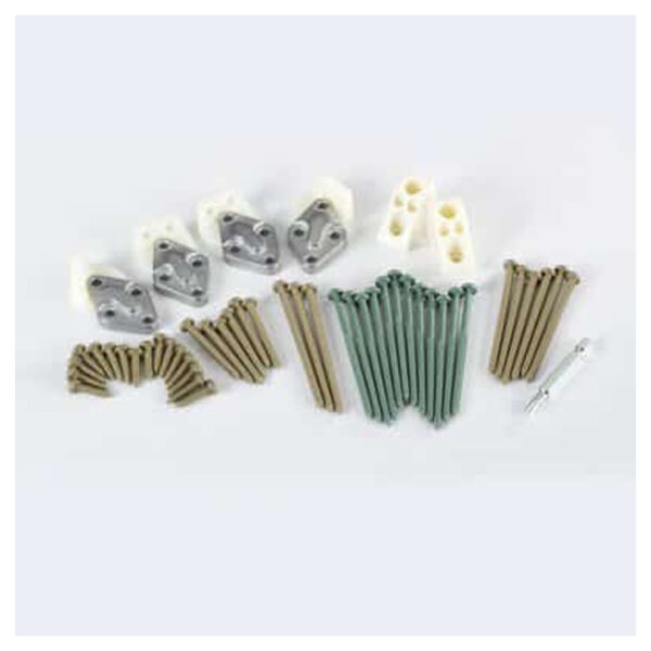 TimberTech Universal Hardware Kit components, including brackets, support blocks, screws, and driver bit, designed for secure installation of Classic Composite Series railings.