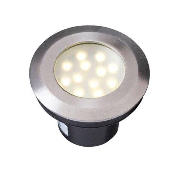 Close-up of the Aureus Decklight featuring stainless steel 316 construction and warm white LED lighting for outdoor spaces.