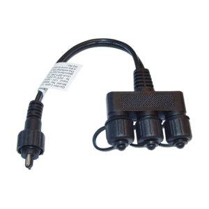 Three-way cable splitter with weatherproof connectors for outdoor lighting systems