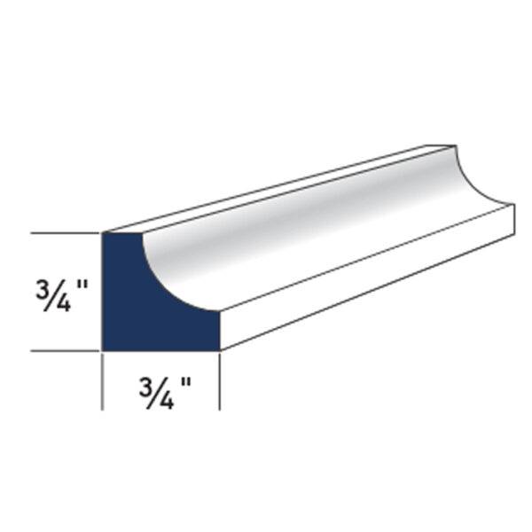 Diagram of AZEK Scotia Mould measuring 3/4 inch by 3/4 inch, showcasing its durable PVC design for decorative trim and seamless transitions