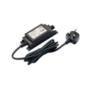 12W Plug-In Transformer for low-voltage outdoor lighting, featuring a compact design with an integrated power cord and plug.