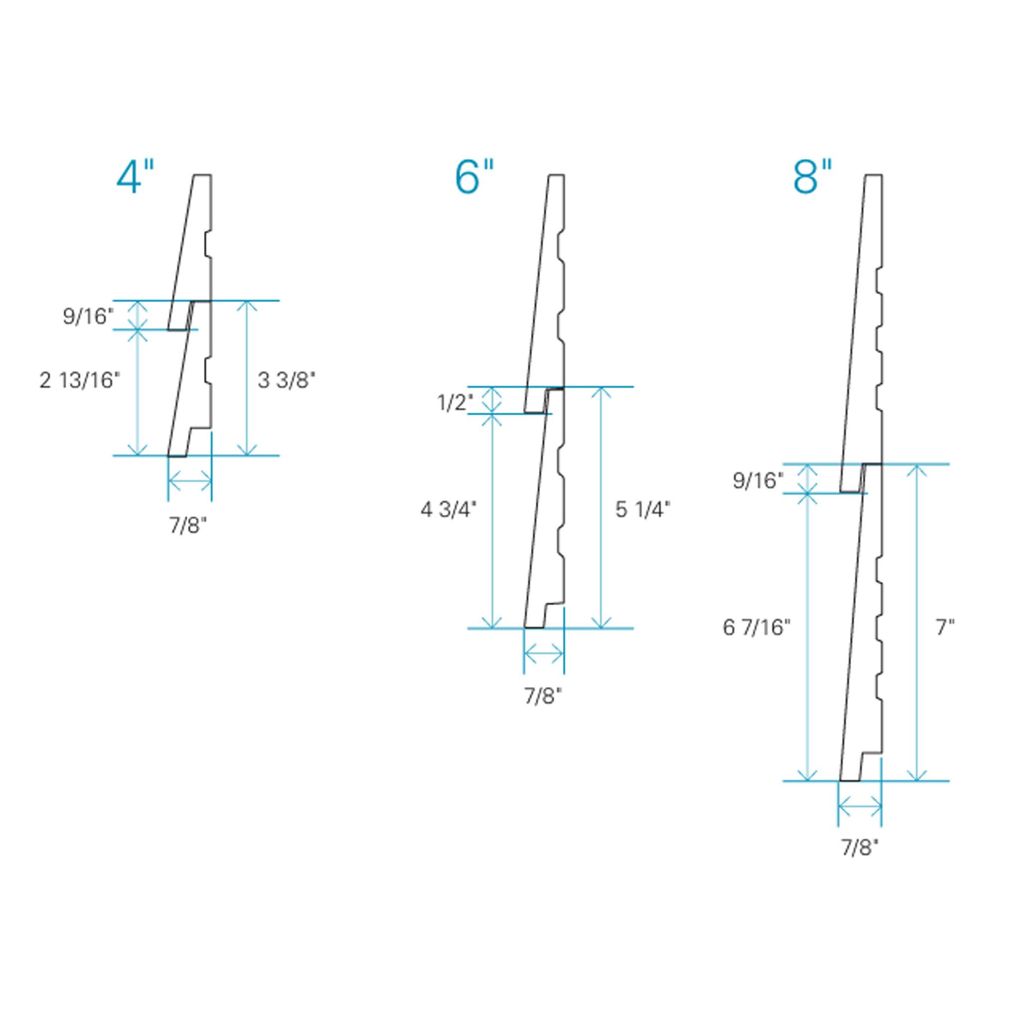 Maibec Rabbeted Bevel Siding profile dimensions for 4-inch, 6-inch, and 8-inch widths, showing detailed measurements for installation.