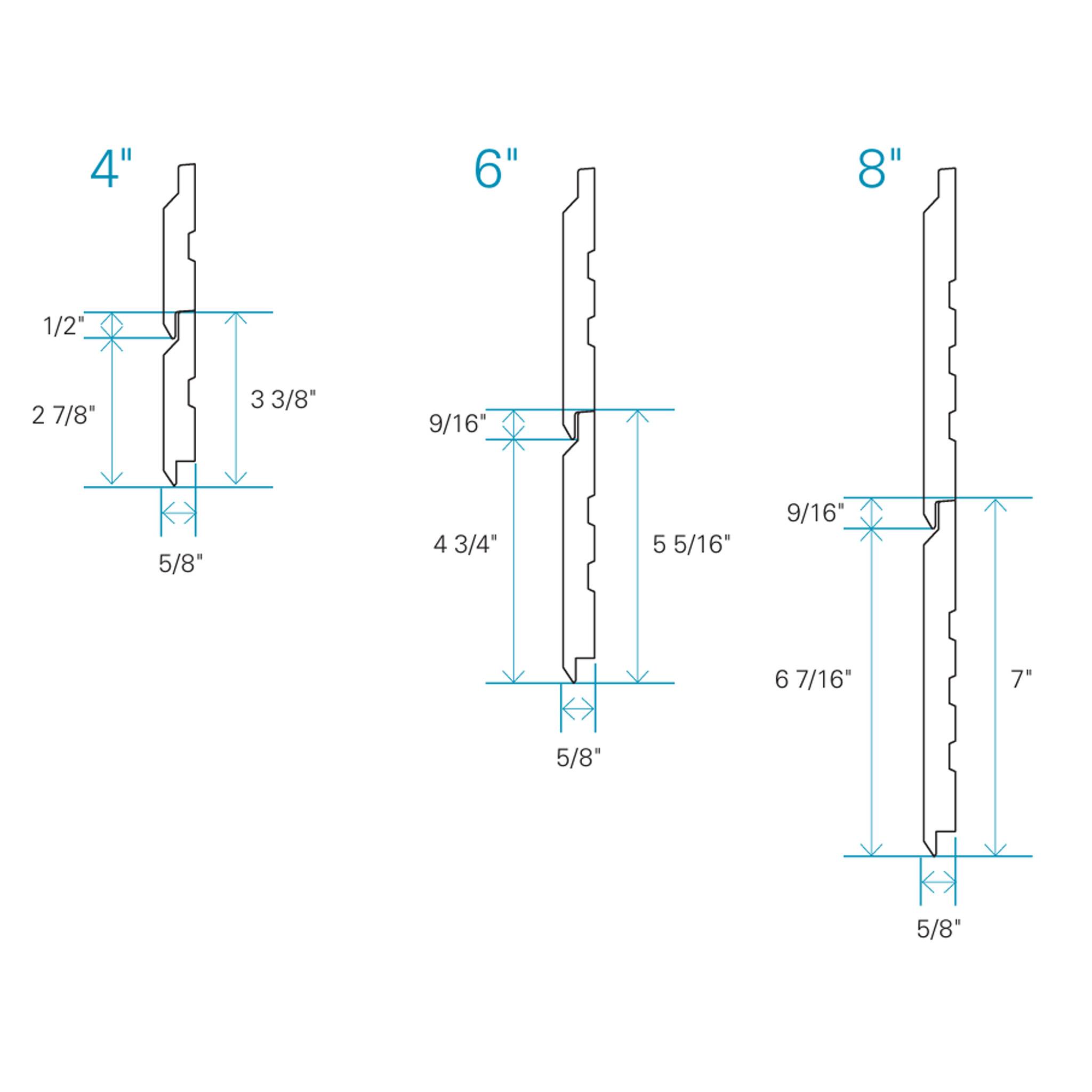 Technical diagram of Maibec V-Joint Siding, displaying profile dimensions for 4-inch, 6-inch, and 8-inch widths, including installation details.