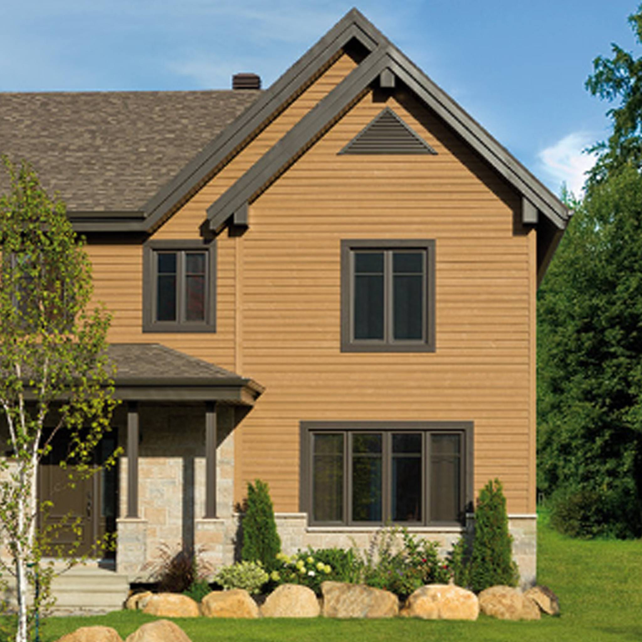 Maibec genuine wood siding on a modern home exterior, featuring natural wood tones and durable, high-quality finish.