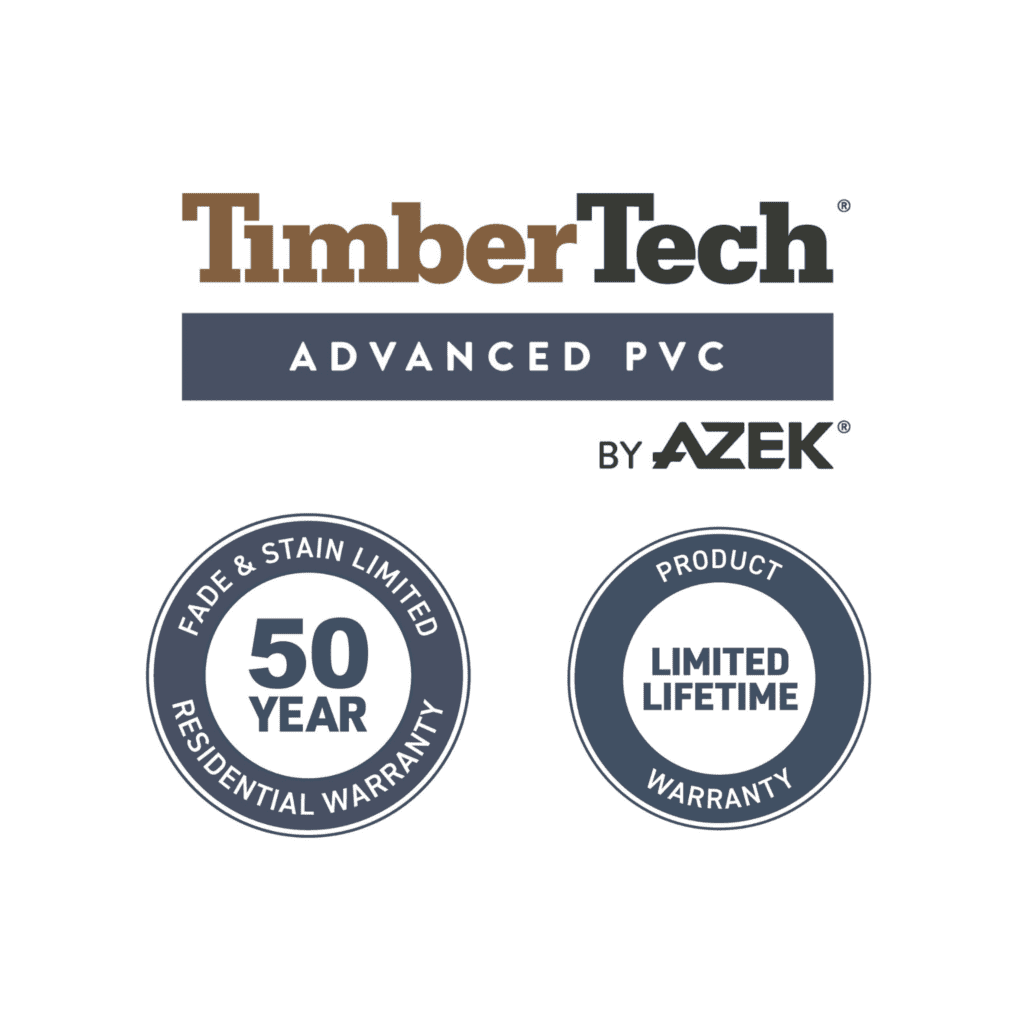 TimberTech Advanced PVC by AZEK logo with 50-Year Fade & Stain Limited Residential Warranty and Limited Lifetime Product Warranty badges.