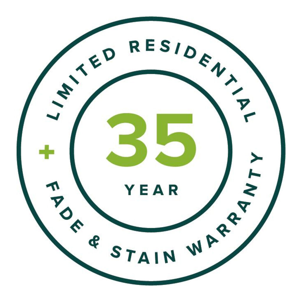 Trex 35-Year Limited Residential Fade & Stain Warranty badge. Circular design with green and dark green text highlighting the durability and warranty coverage of Trex products.