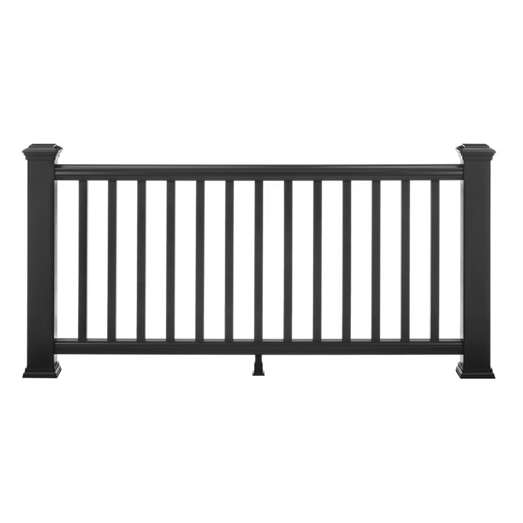 Full view of TREX Transcend composite railing in black with square balusters and matching posts
